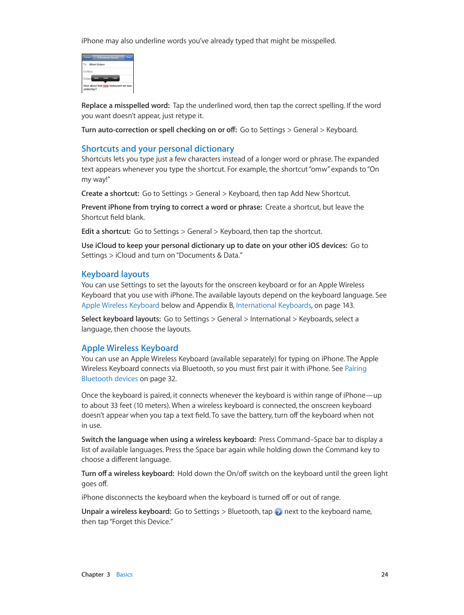 Apple wireless keyboard, Shortcuts and your personal dictionary, Keyboard layouts | Apple iPhone (For iOS 6.1) User Manual | Page 24 / 156