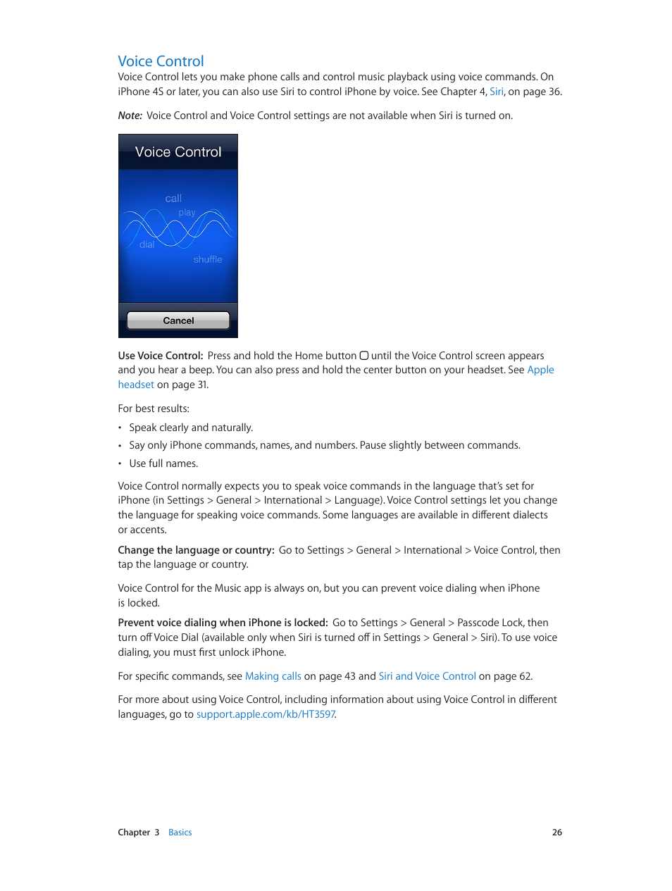 Voice control, 26 voice control | Apple iPhone (For iOS 6.1) User Manual | Page 26 / 156