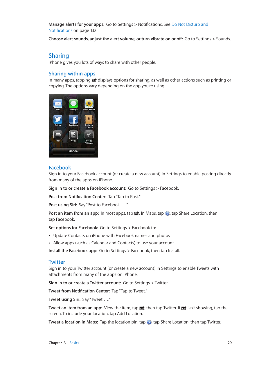 Sharing, 29 sharing, Sharing within apps | Facebook, Twitter | Apple iPhone (For iOS 6.1) User Manual | Page 29 / 156