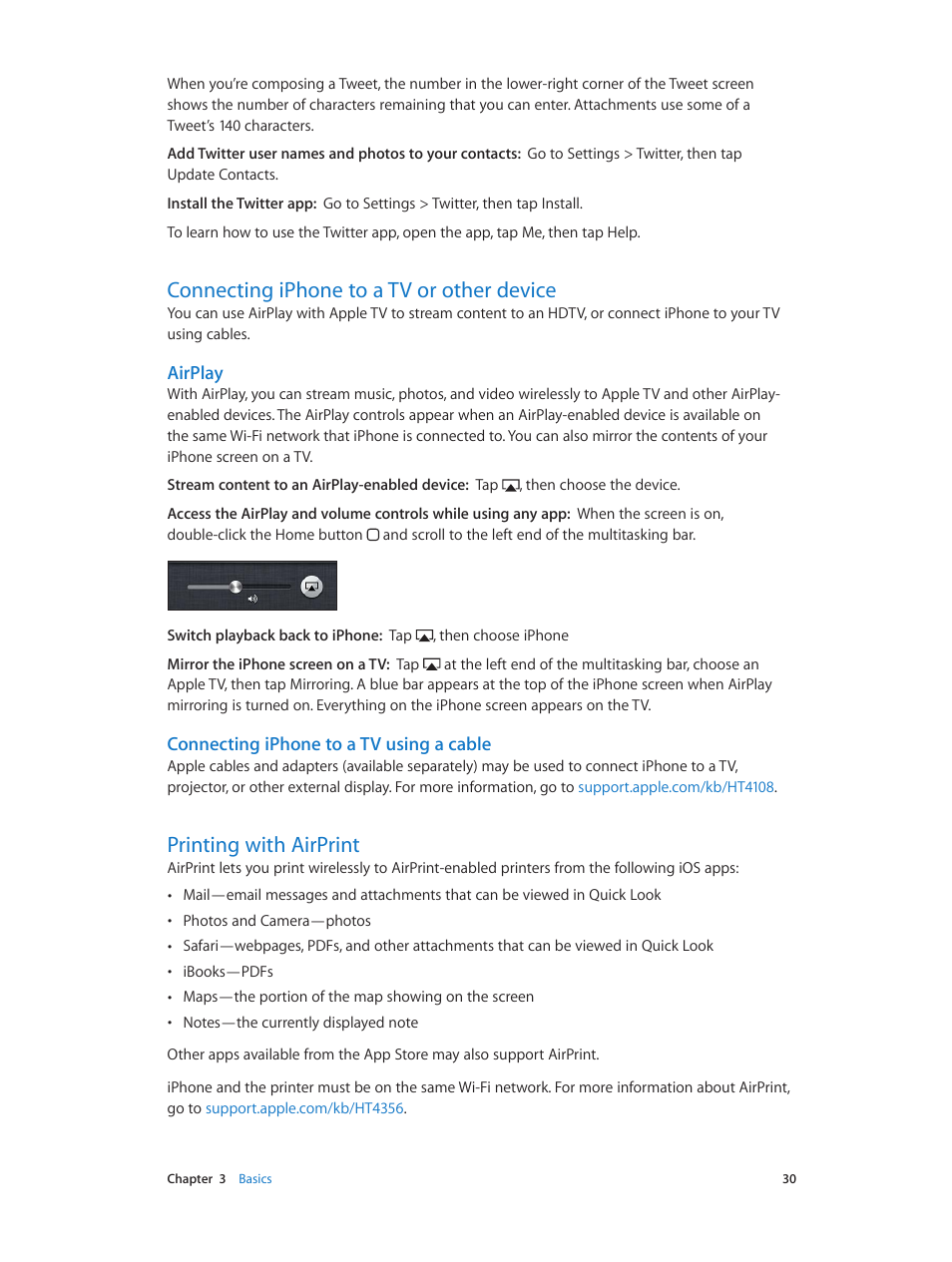 Connecting iphone to a tv or other device, Printing with airprint, Airplay | Connecting iphone to a tv using a cable | Apple iPhone (For iOS 6.1) User Manual | Page 30 / 156