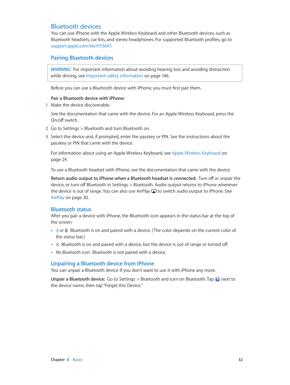 Bluetooth devices, 32 bluetooth devices, Pairing | Pairing bluetooth devices, Bluetooth status, Unpairing a bluetooth device from iphone | Apple iPhone (For iOS 6.1) User Manual | Page 32 / 156