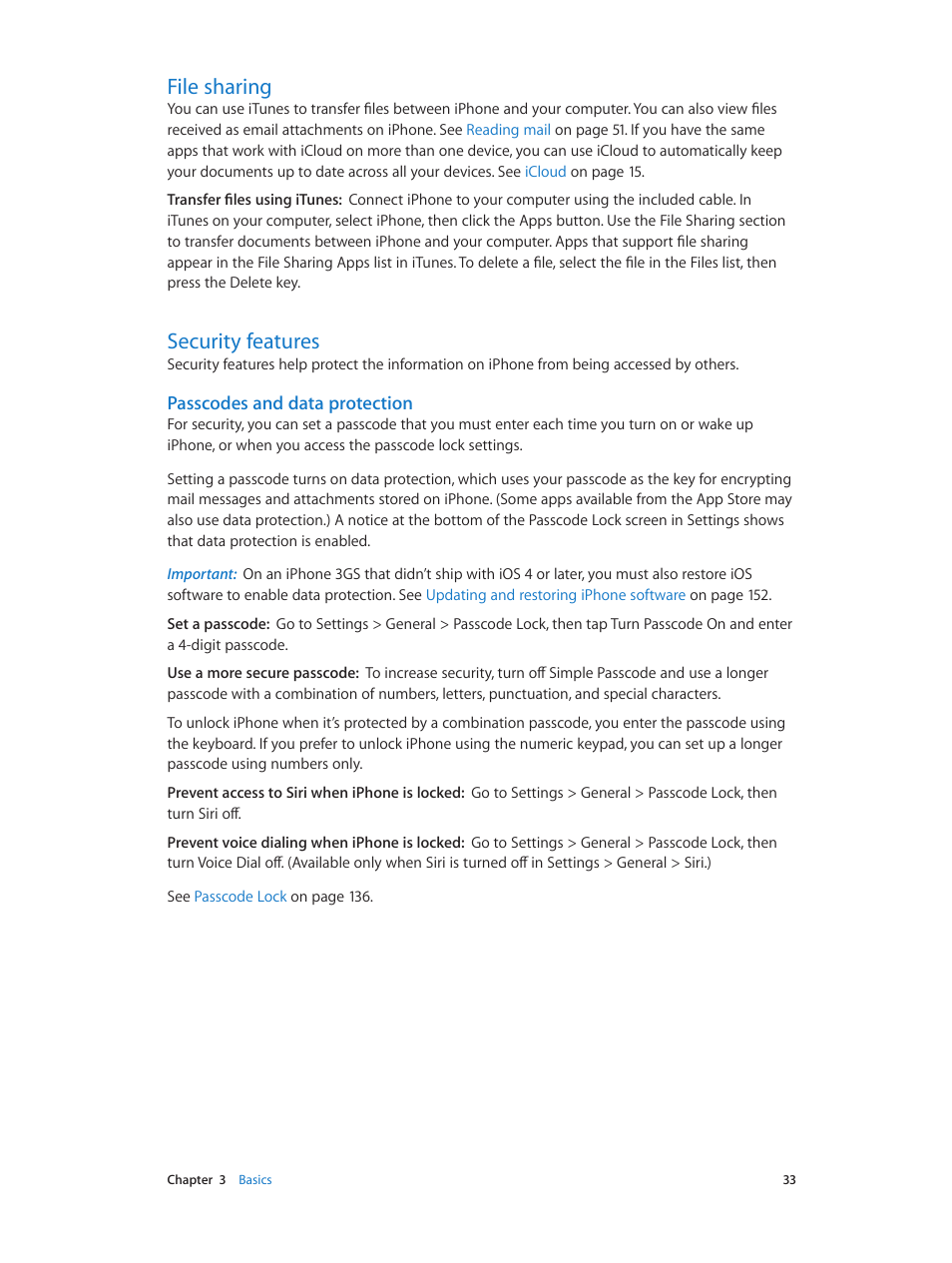 File sharing, Security features, 33 file sharing 33 security features | Passcodes and data protection | Apple iPhone (For iOS 6.1) User Manual | Page 33 / 156