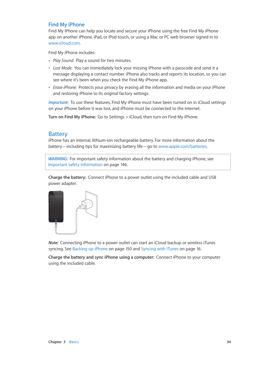 Battery, 34 battery, Find my iphone | Apple iPhone (For iOS 6.1) User Manual | Page 34 / 156