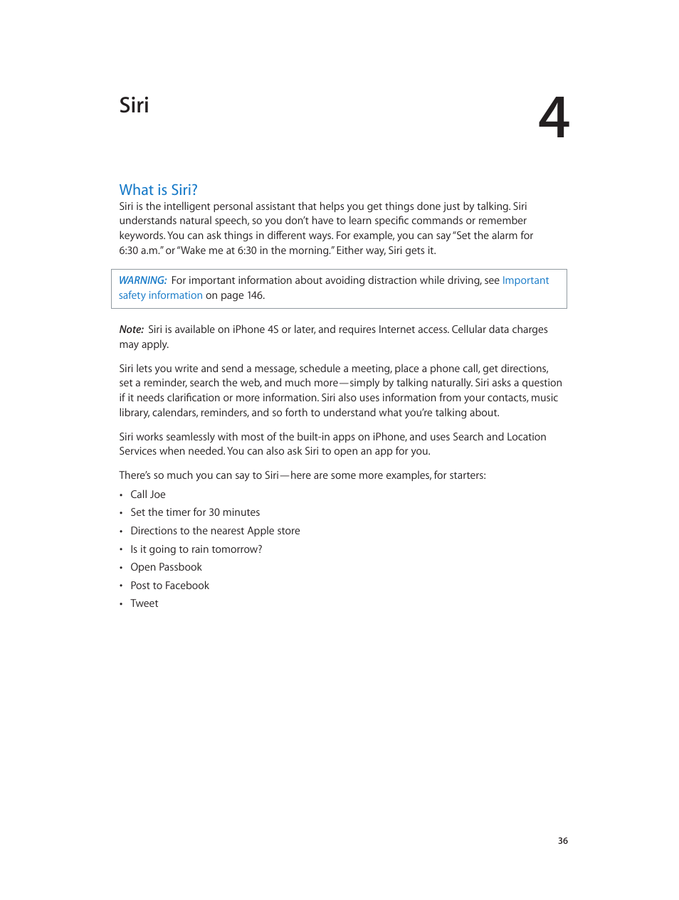 Chapter 4: siri, What is siri, 36 what is siri | Siri, 36 and | Apple iPhone (For iOS 6.1) User Manual | Page 36 / 156