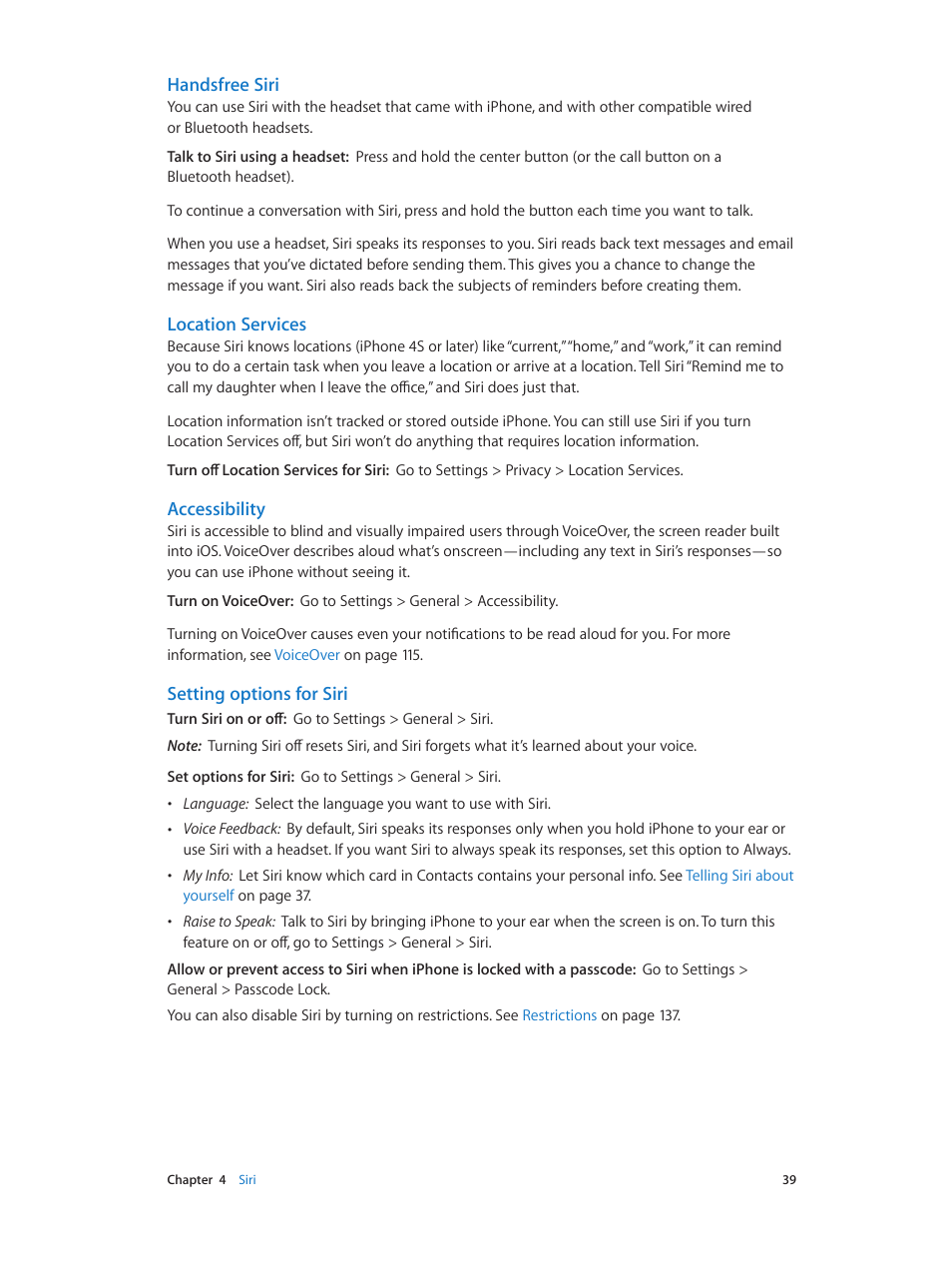 Handsfree siri, Location services, Accessibility | Setting options for siri | Apple iPhone (For iOS 6.1) User Manual | Page 39 / 156