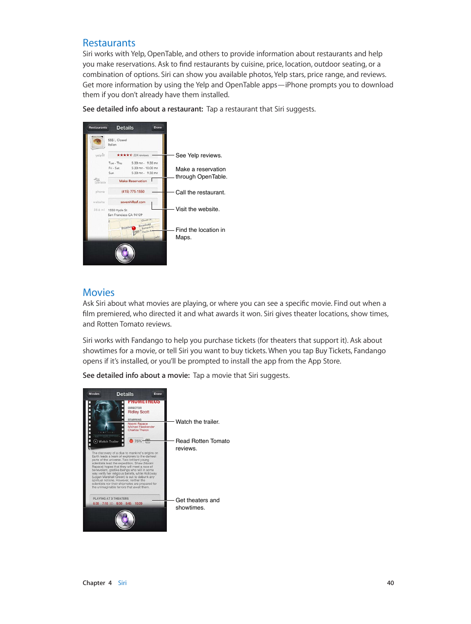 Restaurants, Movies, 40 restaurants 40 movies | Apple iPhone (For iOS 6.1) User Manual | Page 40 / 156