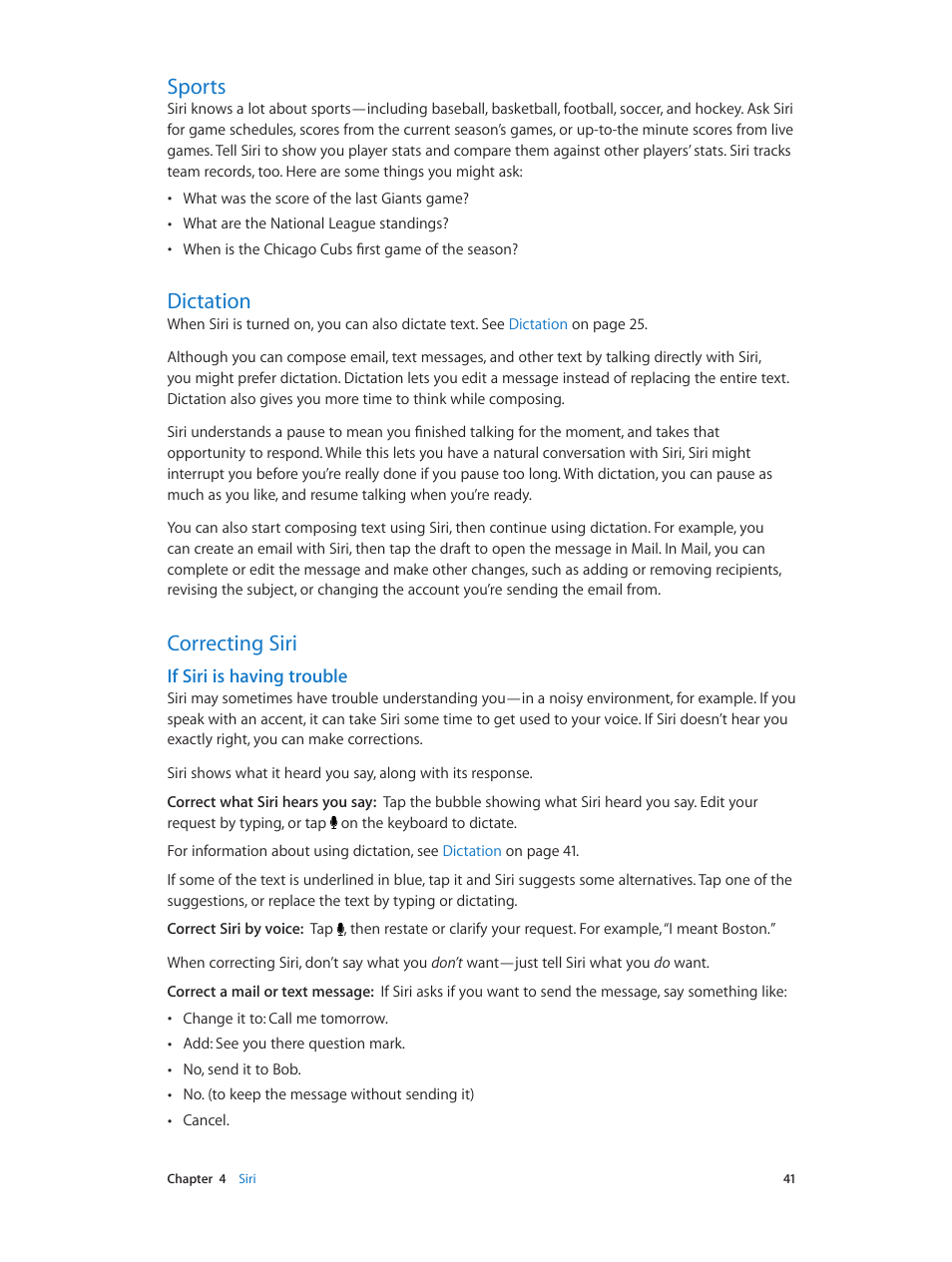 Sports, Dictation, Correcting siri | 41 sports, 41 dictation 41 correcting siri, If siri is having trouble | Apple iPhone (For iOS 6.1) User Manual | Page 41 / 156