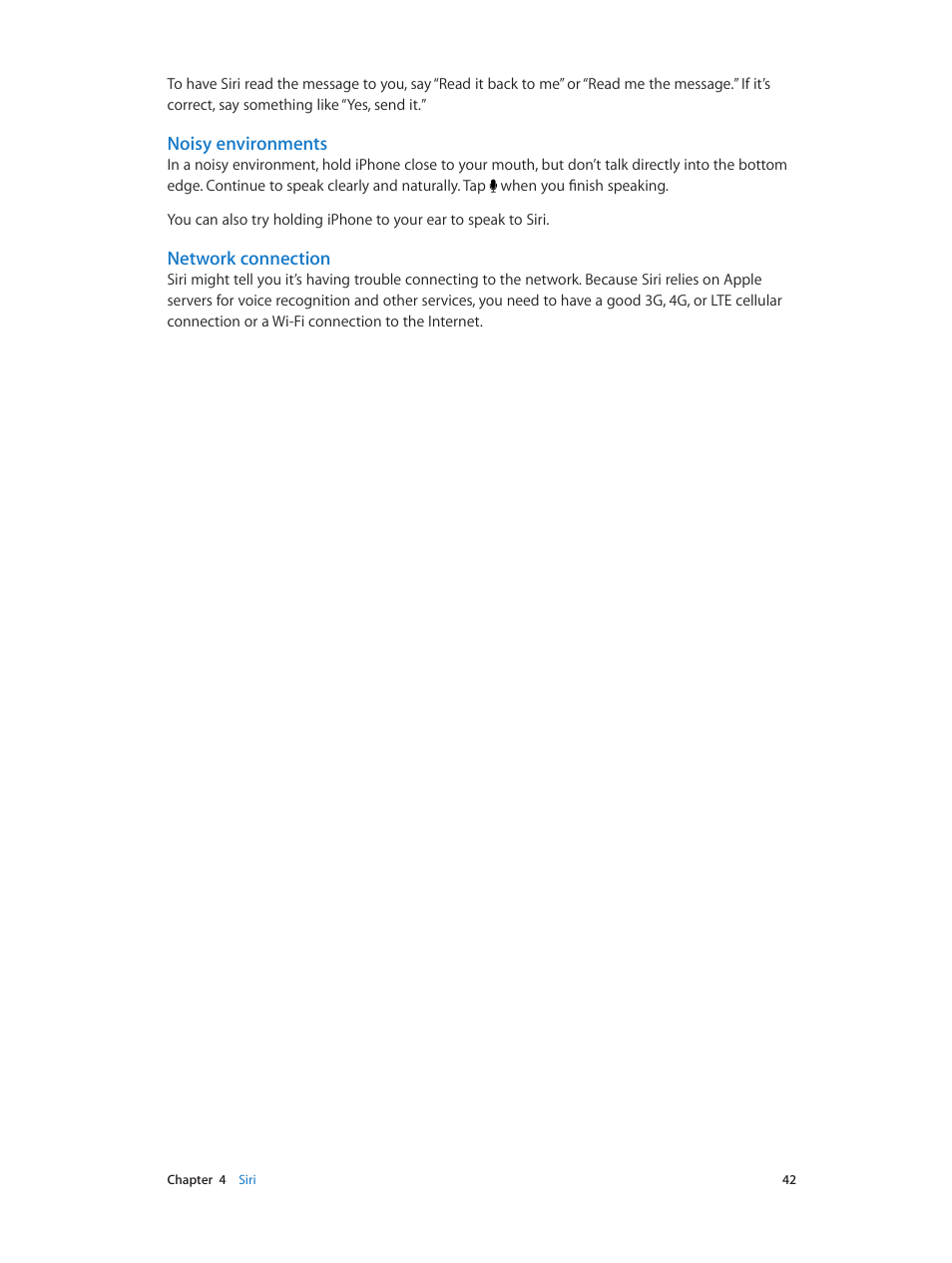 Noisy environments, Network connection | Apple iPhone (For iOS 6.1) User Manual | Page 42 / 156