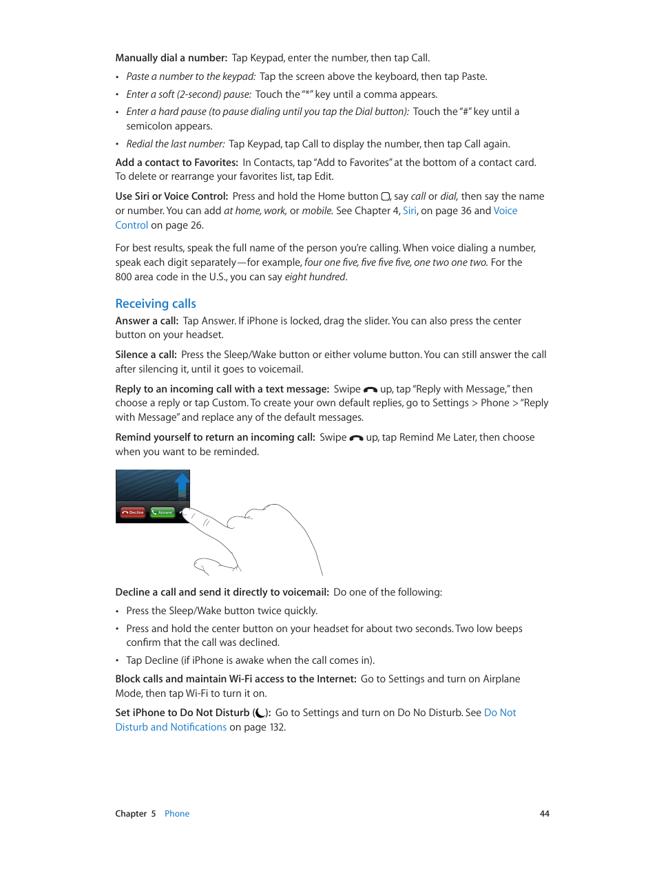 Receiving calls | Apple iPhone (For iOS 6.1) User Manual | Page 44 / 156