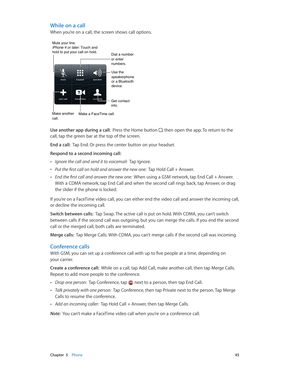 While on a call, Conference calls | Apple iPhone (For iOS 6.1) User Manual | Page 45 / 156