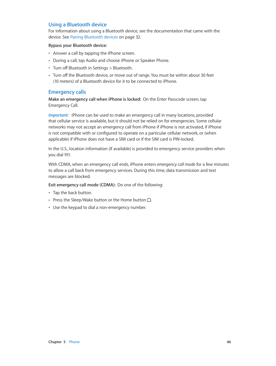 Using a bluetooth device, Emergency calls | Apple iPhone (For iOS 6.1) User Manual | Page 46 / 156