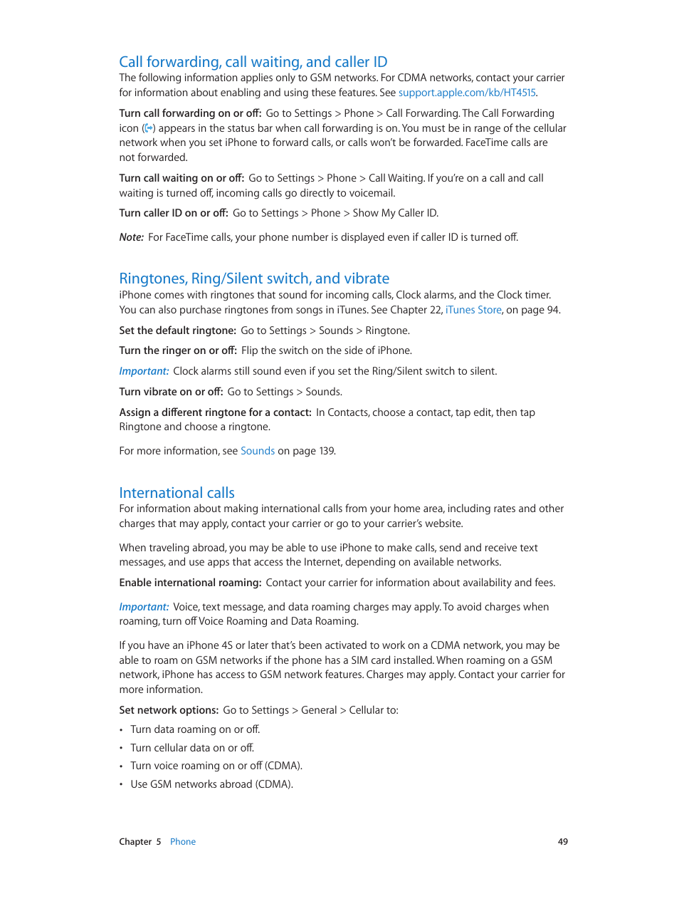 Call forwarding, call waiting, and caller id, Ringtones, ring/silent switch, and vibrate, International calls | Call forwarding, Call waiting, and caller id | Apple iPhone (For iOS 6.1) User Manual | Page 49 / 156