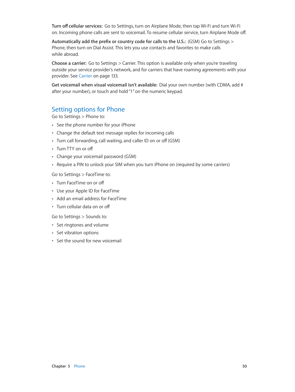 Setting options for phone, 50 setting options for phone | Apple iPhone (For iOS 6.1) User Manual | Page 50 / 156