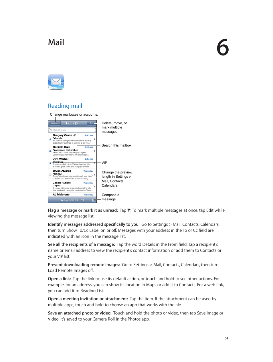 Chapter 6: mail, Reading mail, 51 reading mail | Mail | Apple iPhone (For iOS 6.1) User Manual | Page 51 / 156