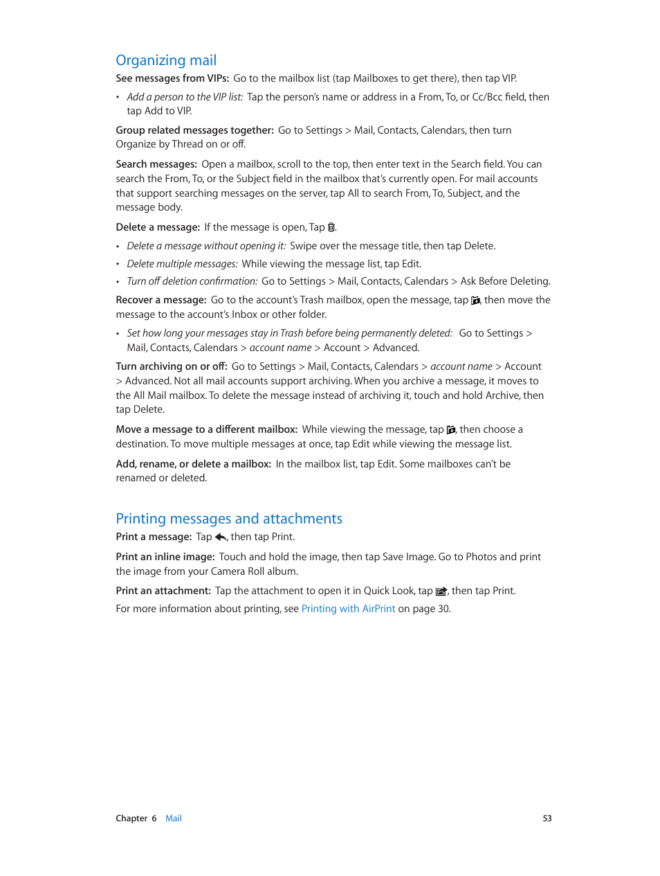Organizing mail, Printing messages and attachments | Apple iPhone (For iOS 6.1) User Manual | Page 53 / 156