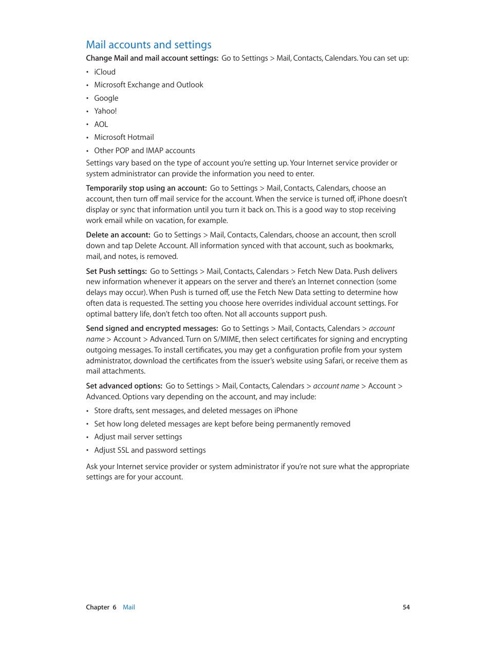 Mail accounts and settings, 54 mail accounts and settings | Apple iPhone (For iOS 6.1) User Manual | Page 54 / 156