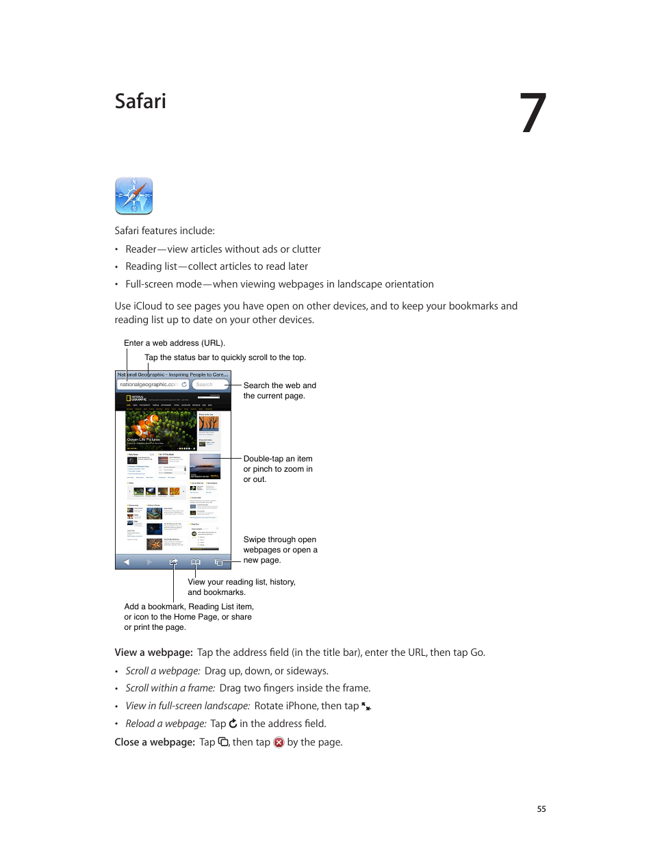 Chapter 7: safari, Safari | Apple iPhone (For iOS 6.1) User Manual | Page 55 / 156