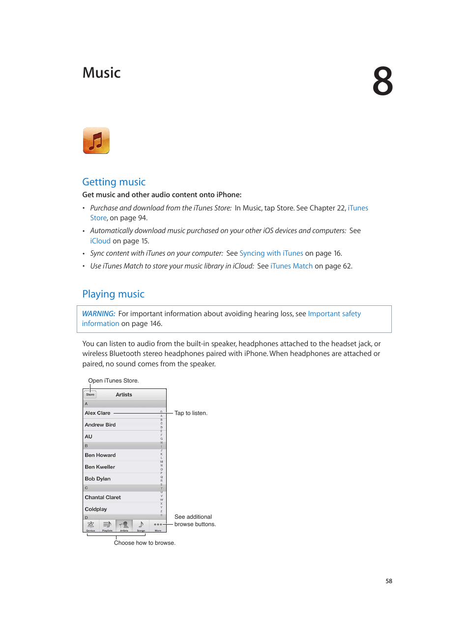 Chapter 8: music, Getting music, Playing music | 58 getting music 58 playing music, Playing, Music | Apple iPhone (For iOS 6.1) User Manual | Page 58 / 156