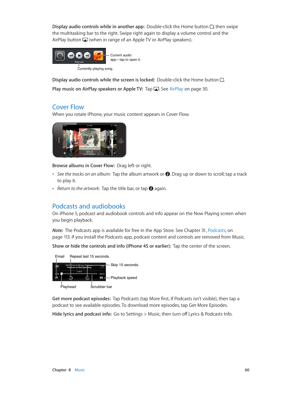 Cover flow, Podcasts and audiobooks, 60 cover flow 60 podcasts and audiobooks | Apple iPhone (For iOS 6.1) User Manual | Page 60 / 156