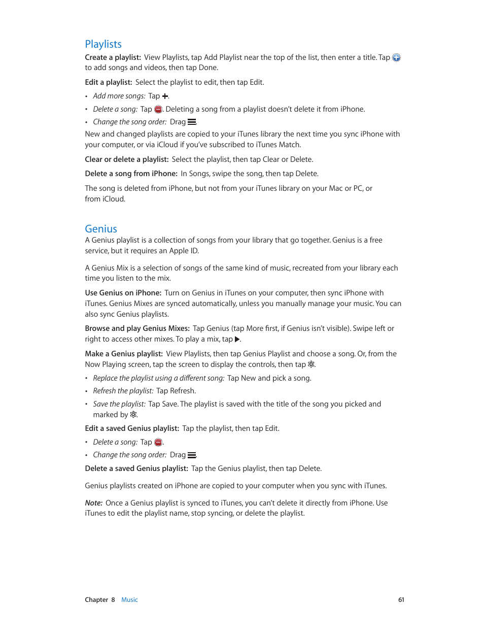 Playlists, Genius, 61 playlists 61 genius | Apple iPhone (For iOS 6.1) User Manual | Page 61 / 156