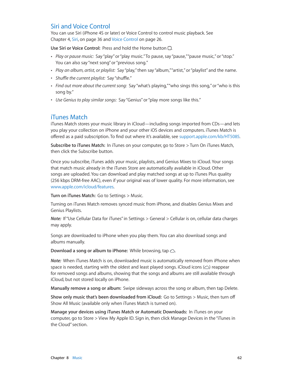 Siri and voice control, Itunes match, 62 siri and voice control 62 itunes match | Apple iPhone (For iOS 6.1) User Manual | Page 62 / 156