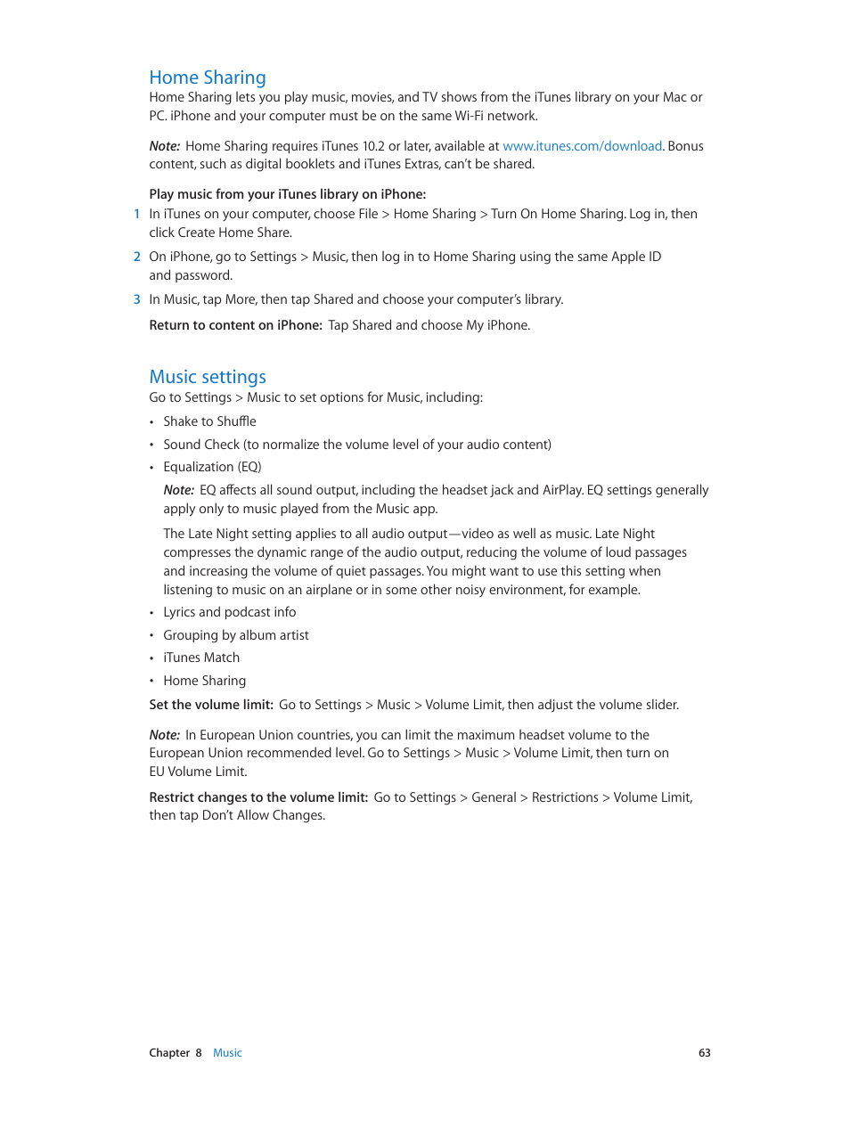 Home sharing, Music settings, 63 home sharing 63 music settings | Apple iPhone (For iOS 6.1) User Manual | Page 63 / 156