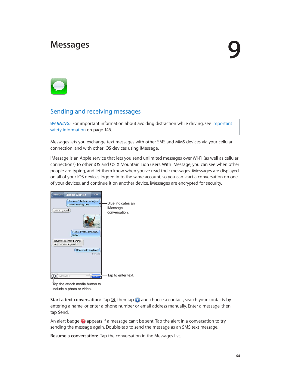 Chapter 9: messages, Sending and receiving messages, 64 sending and receiving messages | Messages | Apple iPhone (For iOS 6.1) User Manual | Page 64 / 156