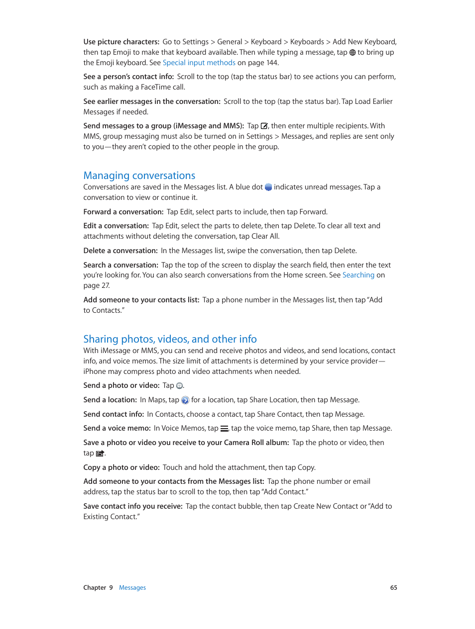 Managing conversations, Sharing photos, videos, and other info | Apple iPhone (For iOS 6.1) User Manual | Page 65 / 156