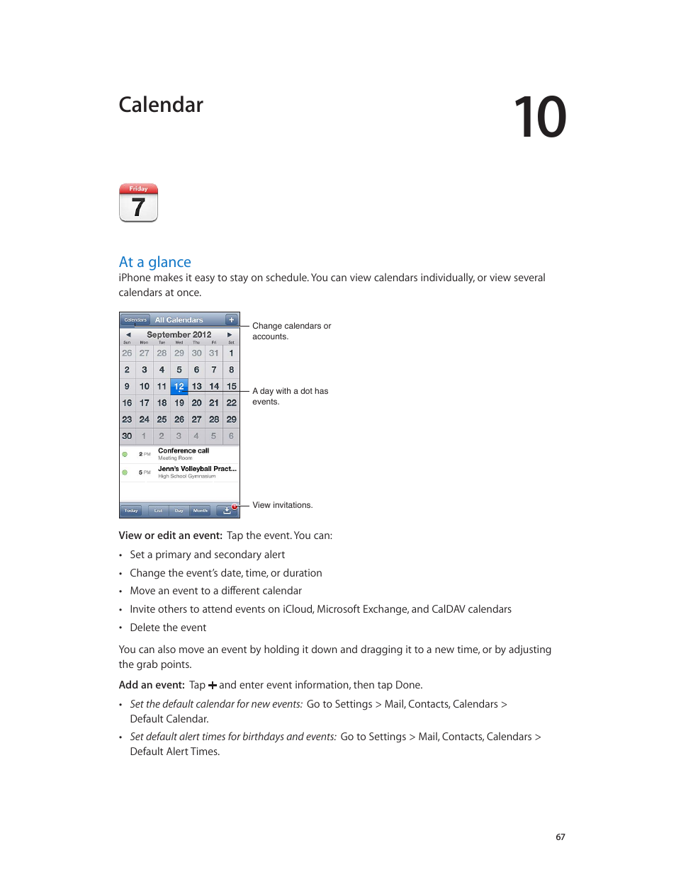 Chapter 10: calendar, At a glance, 67 at a glance | Calendar | Apple iPhone (For iOS 6.1) User Manual | Page 67 / 156