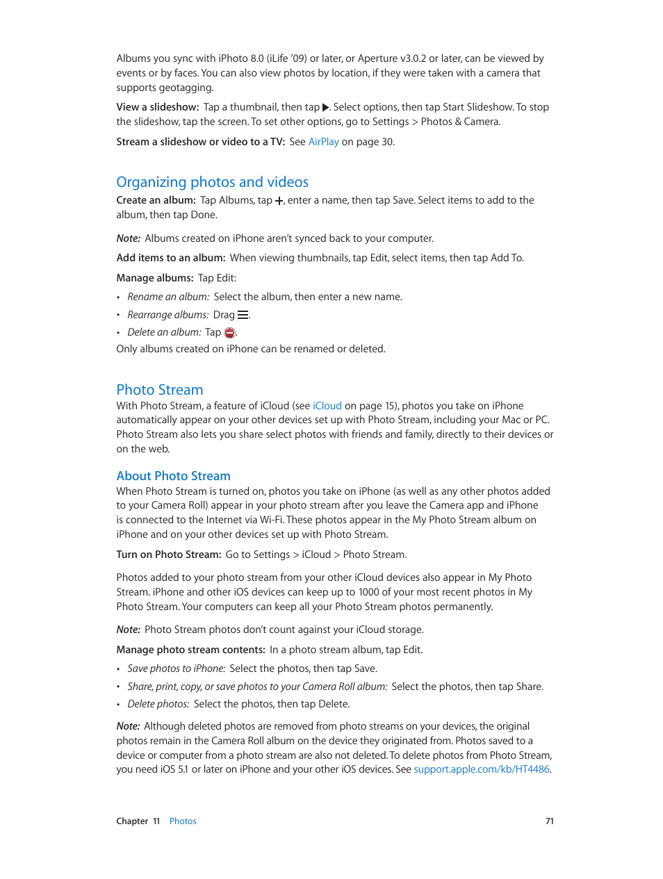 Organizing photos and videos, Photo stream, 71 organizing photos and videos 71 photo stream | Eams (see, Photo, Stream, About photo stream | Apple iPhone (For iOS 6.1) User Manual | Page 71 / 156