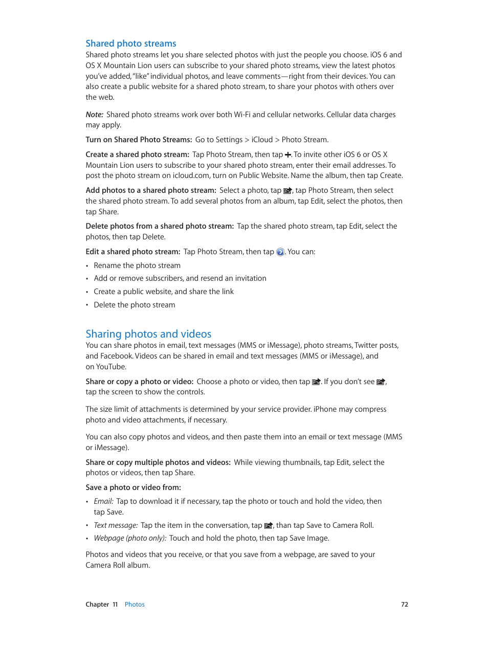 Sharing photos and videos, 72 sharing photos and videos, Shared photo streams | Apple iPhone (For iOS 6.1) User Manual | Page 72 / 156