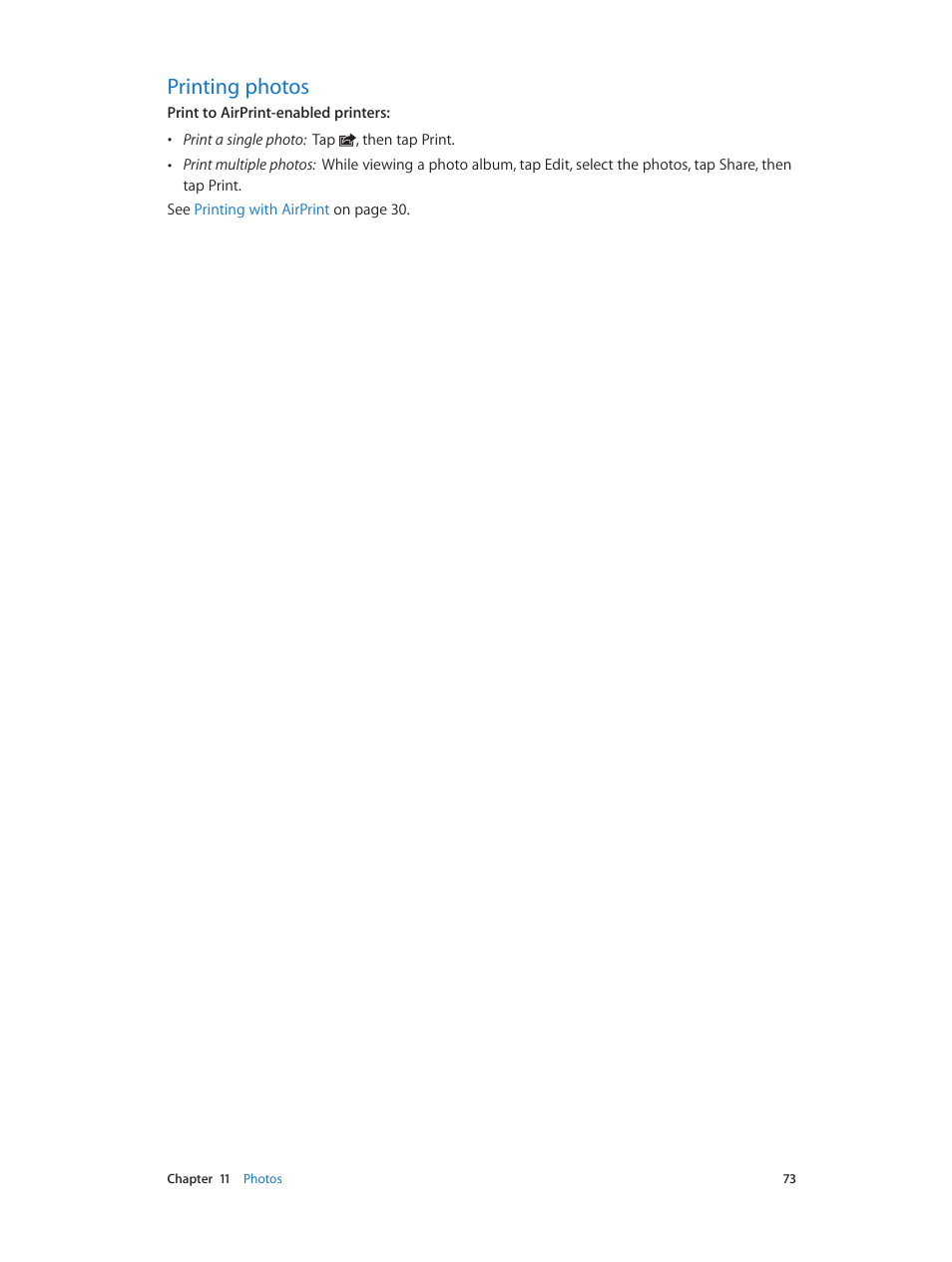 Printing photos, 73 printing photos | Apple iPhone (For iOS 6.1) User Manual | Page 73 / 156