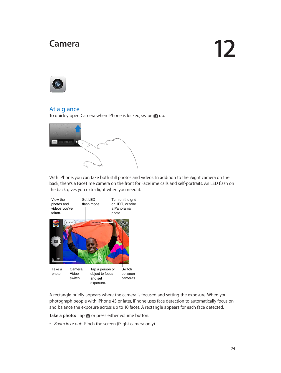 Chapter 12: camera, At a glance, 74 at a glance | Camera | Apple iPhone (For iOS 6.1) User Manual | Page 74 / 156