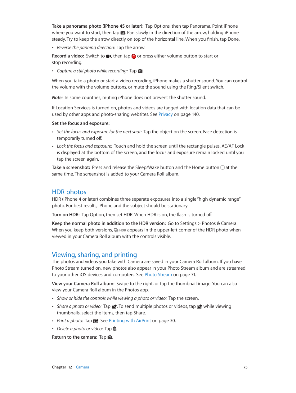 Hdr photos, Viewing, sharing, and printing, 75 hdr photos 75 viewing, sharing, and printing | Apple iPhone (For iOS 6.1) User Manual | Page 75 / 156