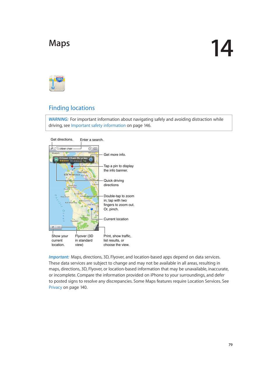 Chapter 14: maps, Finding locations, 79 finding locations | Maps | Apple iPhone (For iOS 6.1) User Manual | Page 79 / 156