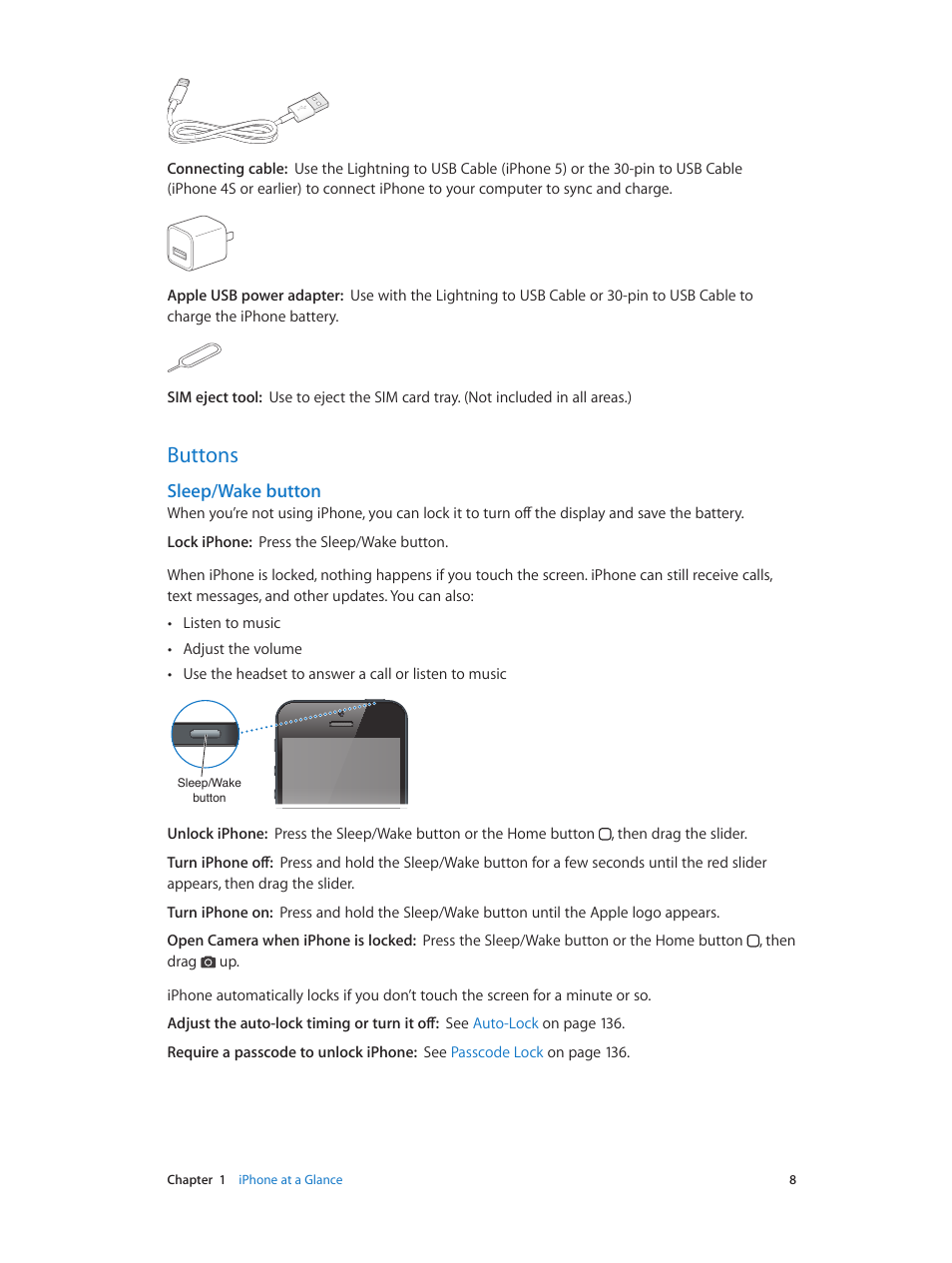 Buttons, Sleep/wake button | Apple iPhone (For iOS 6.1) User Manual | Page 8 / 156