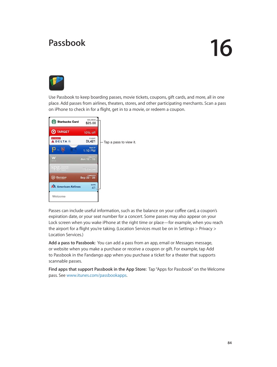 Chapter 16: passbook, Passbook | Apple iPhone (For iOS 6.1) User Manual | Page 84 / 156