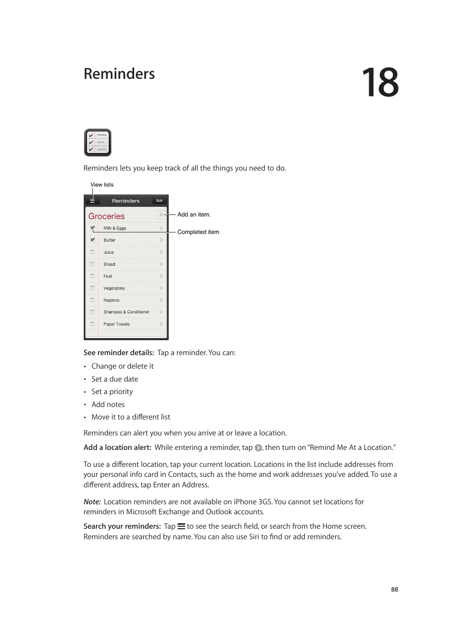 Chapter 18: reminders, Reminders | Apple iPhone (For iOS 6.1) User Manual | Page 88 / 156