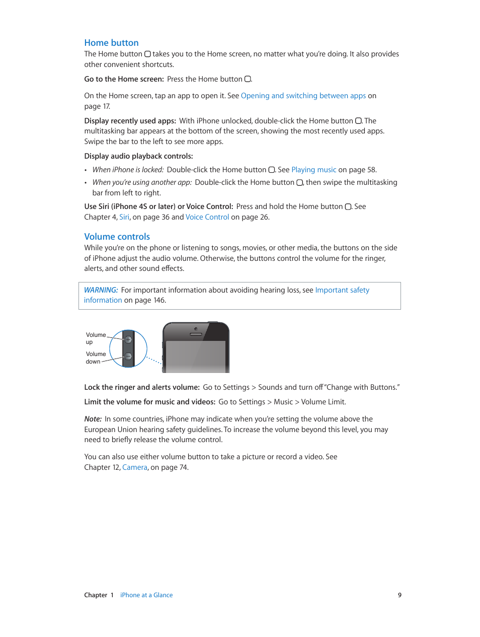 Home button, Volume controls | Apple iPhone (For iOS 6.1) User Manual | Page 9 / 156