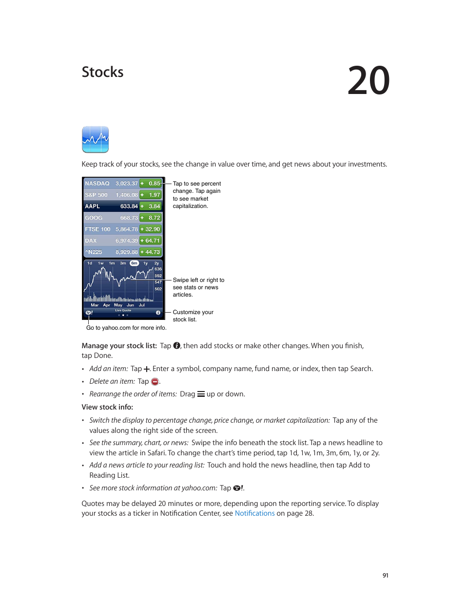 Chapter 20: stocks, Stocks | Apple iPhone (For iOS 6.1) User Manual | Page 91 / 156