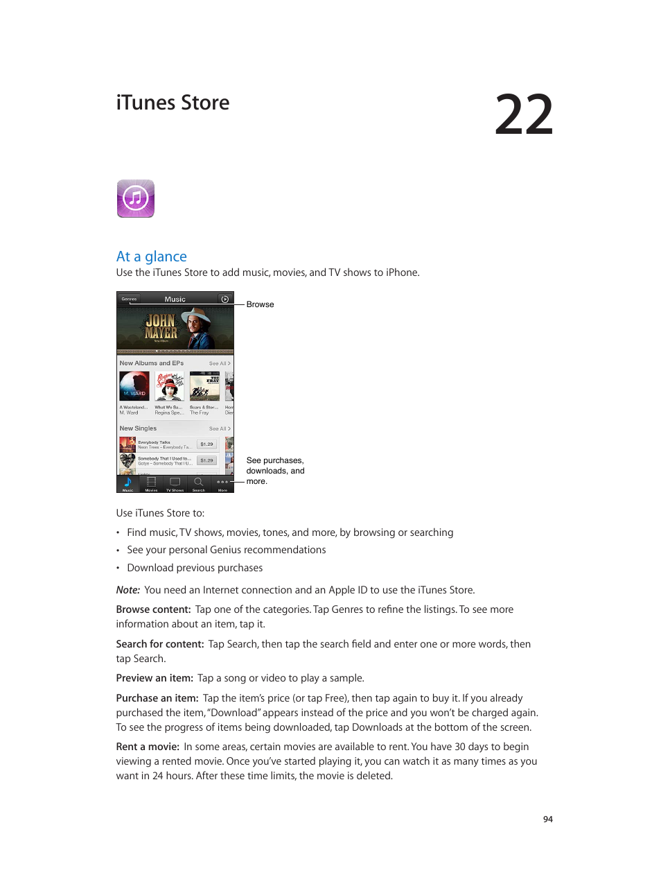 Chapter 22: itunes store, At a glance, 94 at a glance | Itunes store, Itunes, Store | Apple iPhone (For iOS 6.1) User Manual | Page 94 / 156