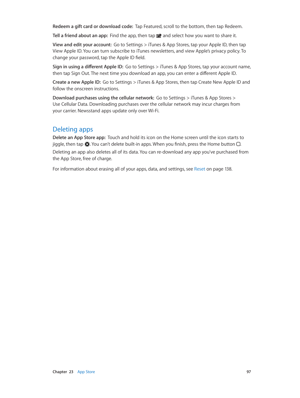 Deleting apps, 97 deleting apps | Apple iPhone (For iOS 6.1) User Manual | Page 97 / 156