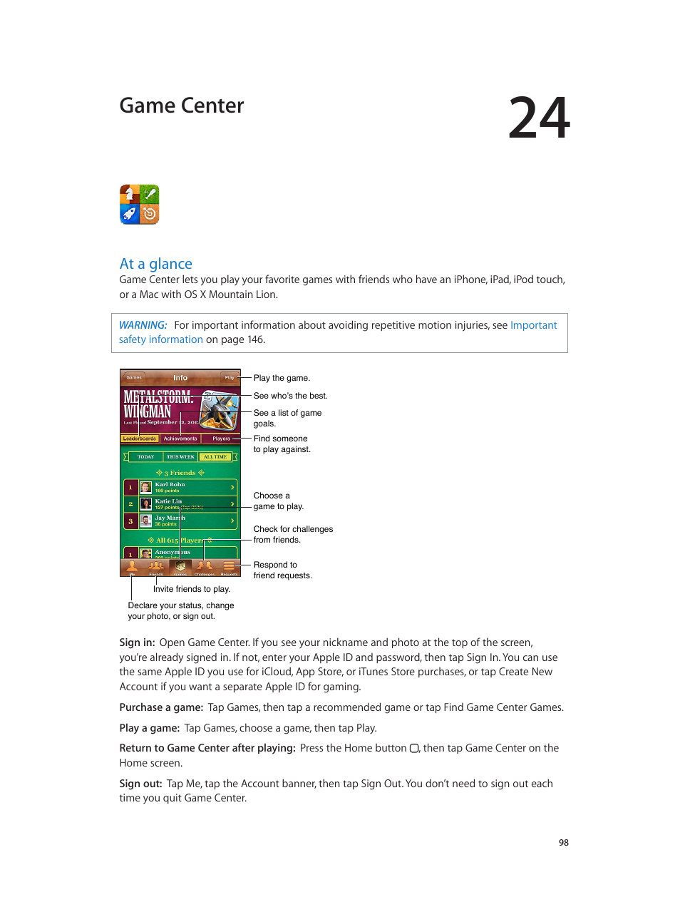 Chapter 24: game center, At a glance, 98 at a glance | Game center | Apple iPhone (For iOS 6.1) User Manual | Page 98 / 156