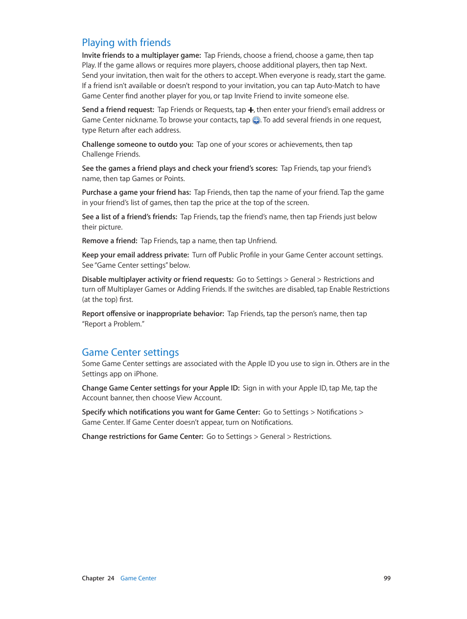 Playing with friends, Game center settings, 99 playing with friends 99 game center settings | Apple iPhone (For iOS 6.1) User Manual | Page 99 / 156