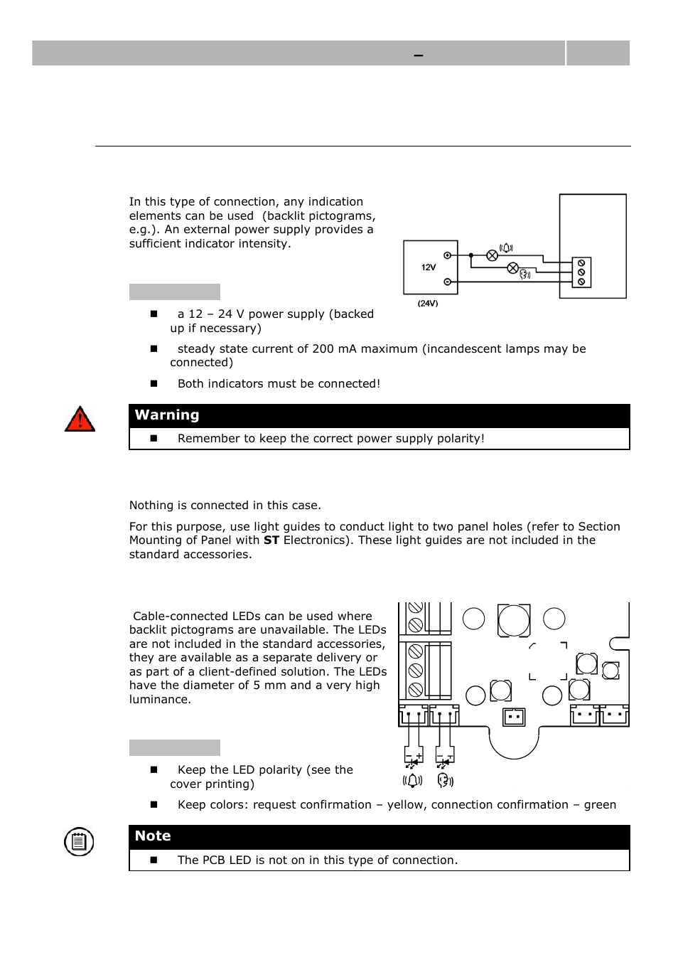Indicator connection, Basic connection, Leds mounted onto the st electronics board | Cable-connected leds (optional accessories, Installation – universal version 2.5 | 2N Lift emergency phone 2N SingleTalk - Manual, 1514 v6.3.0 User Manual | Page 31 / 73