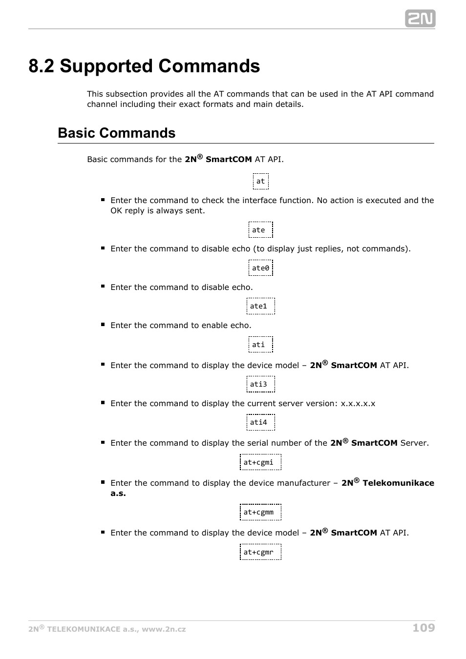 2 supported commands, Basic commands | 2N M2M Solution 2N SmartCom - User Manual 1.9.0 User Manual | Page 109 / 149