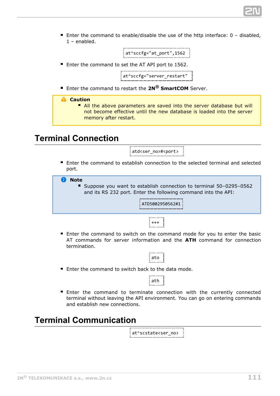 Terminal connection, Terminal communication | 2N M2M Solution 2N SmartCom - User Manual 1.9.0 User Manual | Page 111 / 149