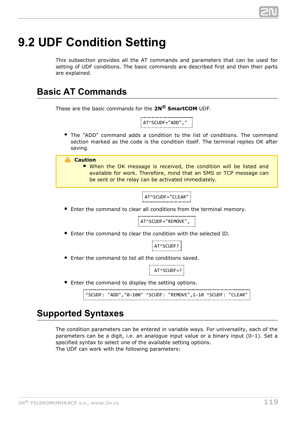 2 udf condition setting, Basic at commands, Supported syntaxes | 2N M2M Solution 2N SmartCom - User Manual 1.9.0 User Manual | Page 119 / 149