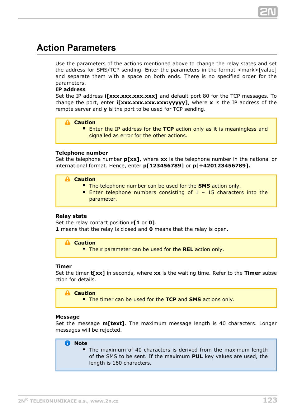 Action parameters | 2N M2M Solution 2N SmartCom - User Manual 1.9.0 User Manual | Page 123 / 149