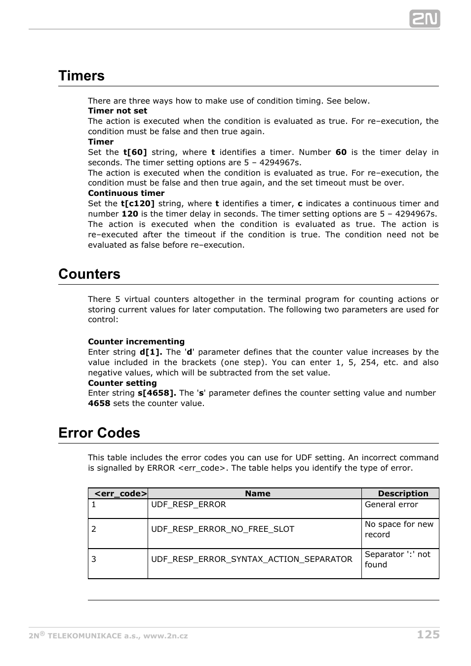 Timers, Counters, Error codes | 2N M2M Solution 2N SmartCom - User Manual 1.9.0 User Manual | Page 125 / 149